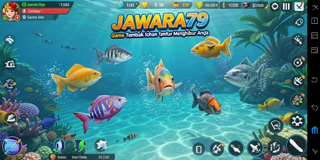 Tangkapan layar JAWARA79 menampilkan aksi seru menembak ikan di bawah laut.